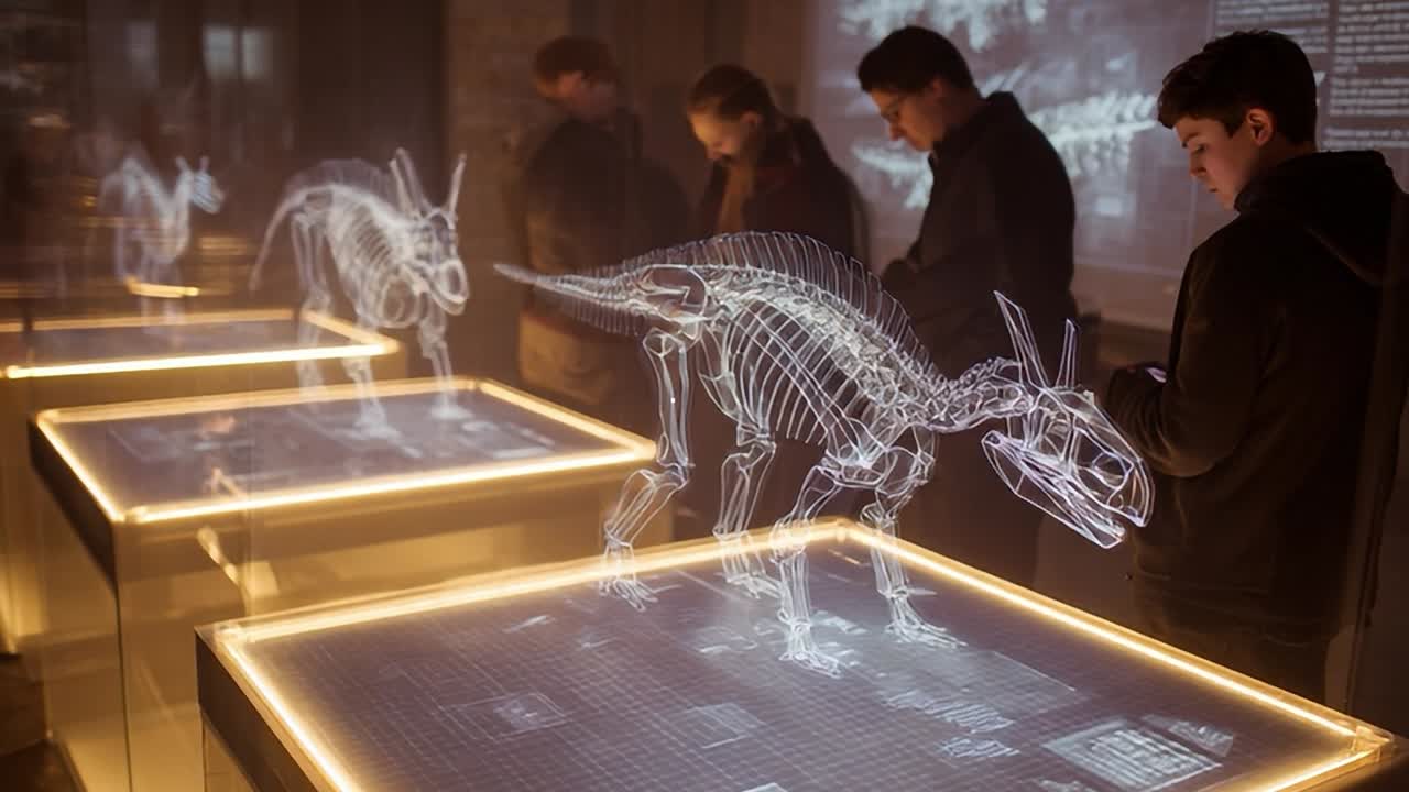 Visitantes exploram displays interativos de esqueletos de dinossauros em um museu