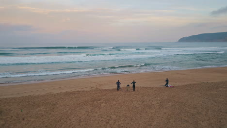 surfers warming beach aerial view. foaming waves splashing at beautiful beach