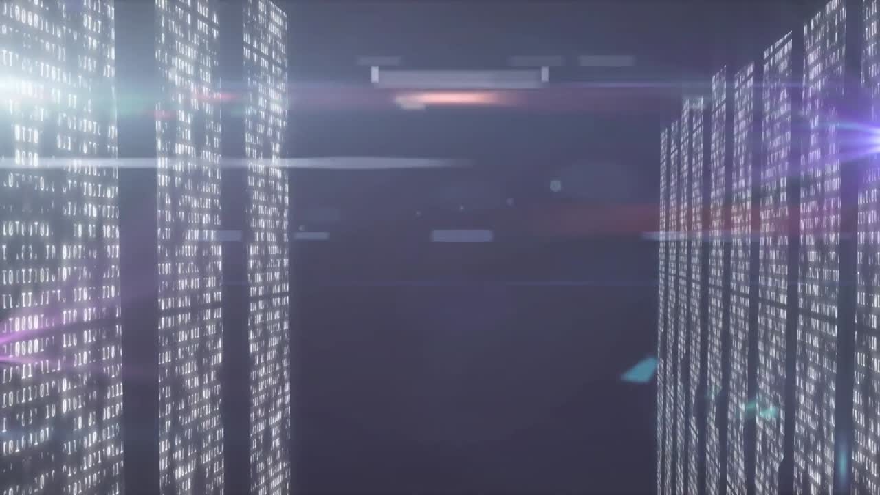 Animazione di scie di luce e punti luminosi su colonne in movimento su sfondo nero.
