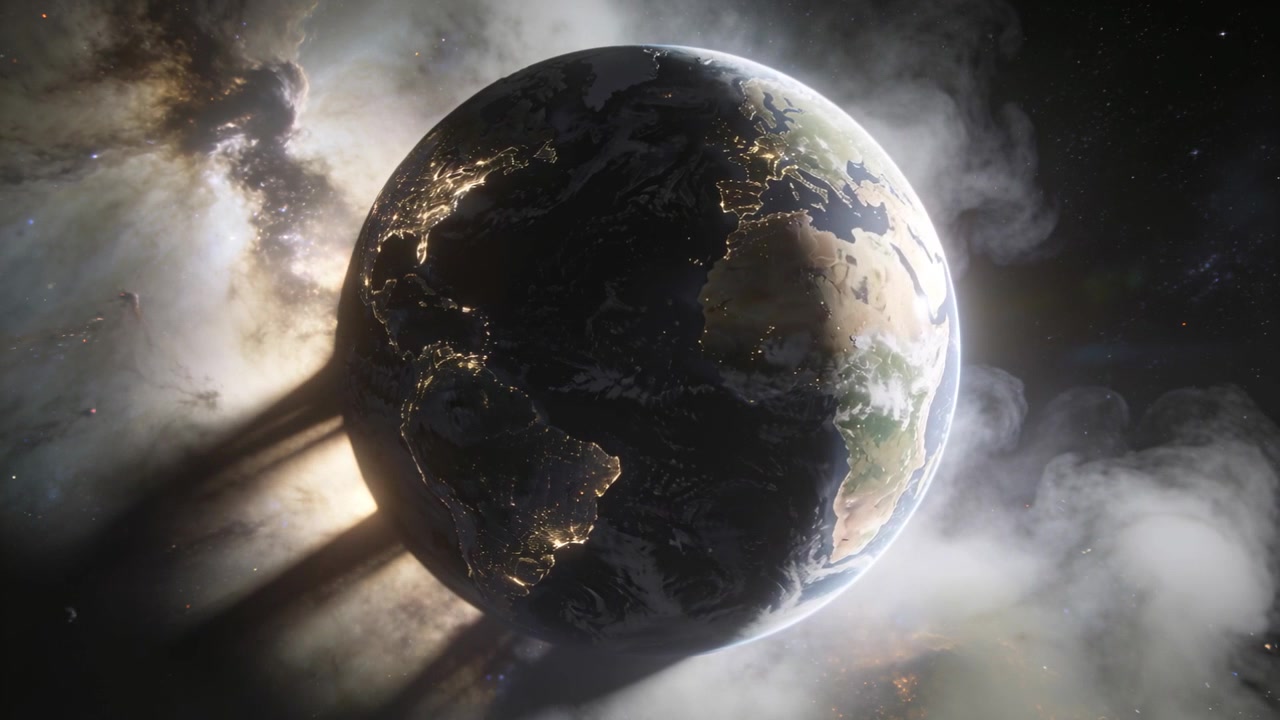 Rotating planet Earth revealing daylight rim in space, sunlight grazing right limb, city lights