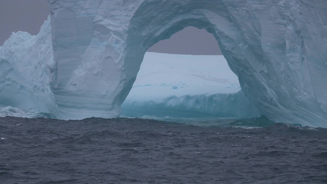 Birds and Ocean Waves Around Massive Iceberg on Cold Misty Day, Slow Motion