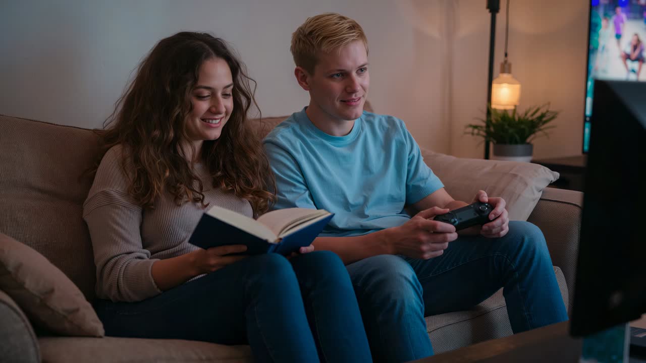 Jogo começando, casal casual apertando o controlador para jogar e folheando um livro de bolso no sofá de casa