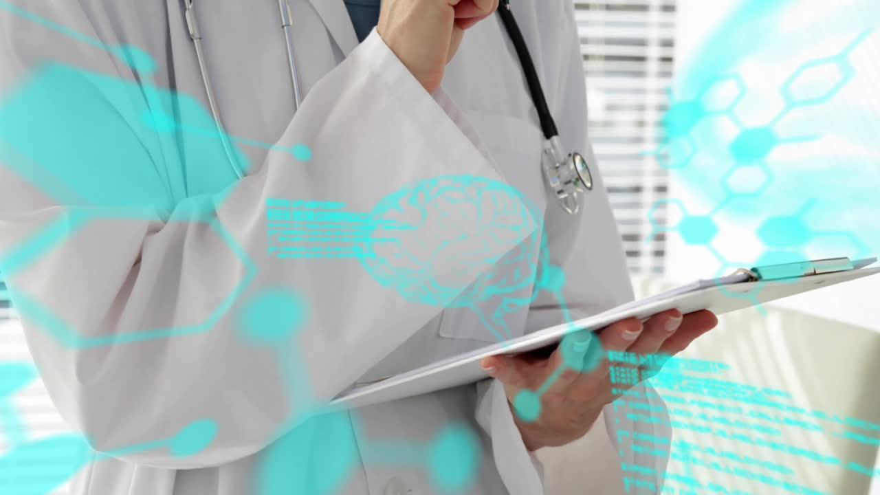 Animation of scientific data processing over caucasian female doctor writing