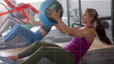 animation of diagrams over diverse women exercising at gym