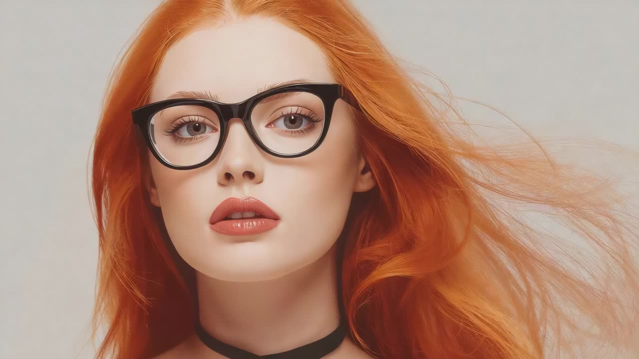 Turning head after fan start, red-haired model showing profile in studio wearing glasses and choker