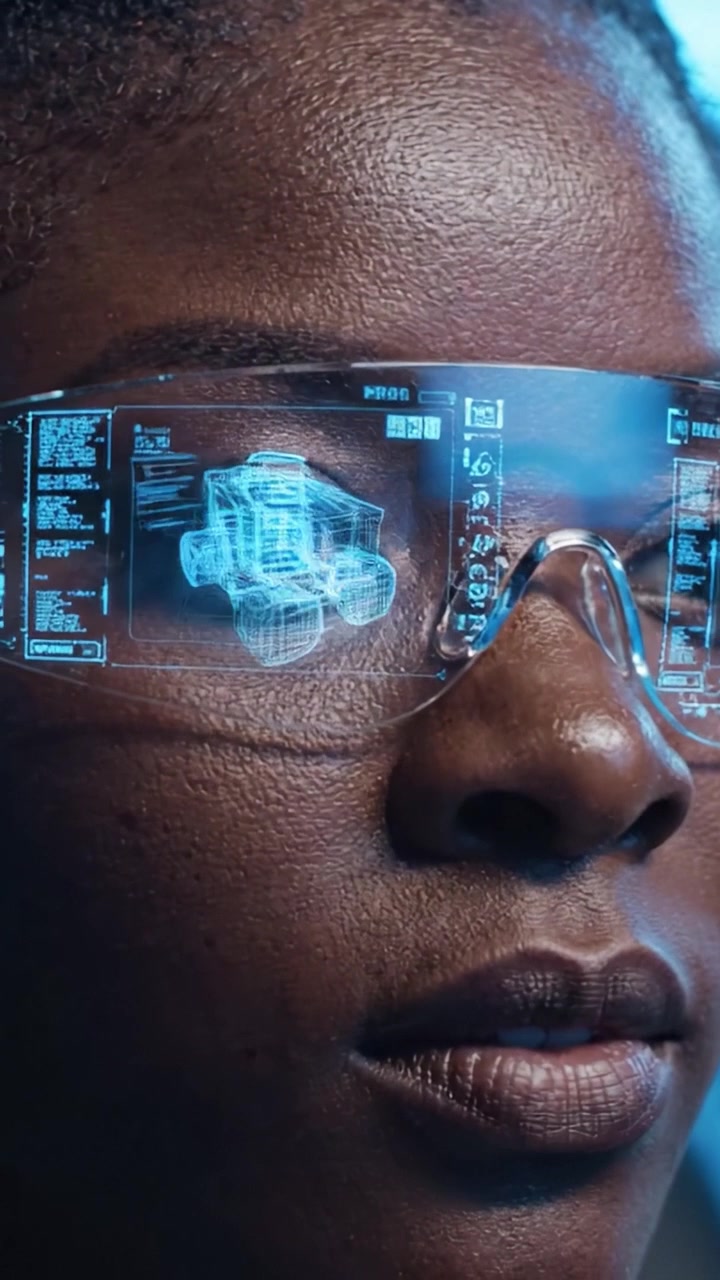 Focused Innovator: A Brilliant Mind Utilizing Augmented Reality to Engage with Advanced Technology Through Smart Glasses in a Futuristic Setting