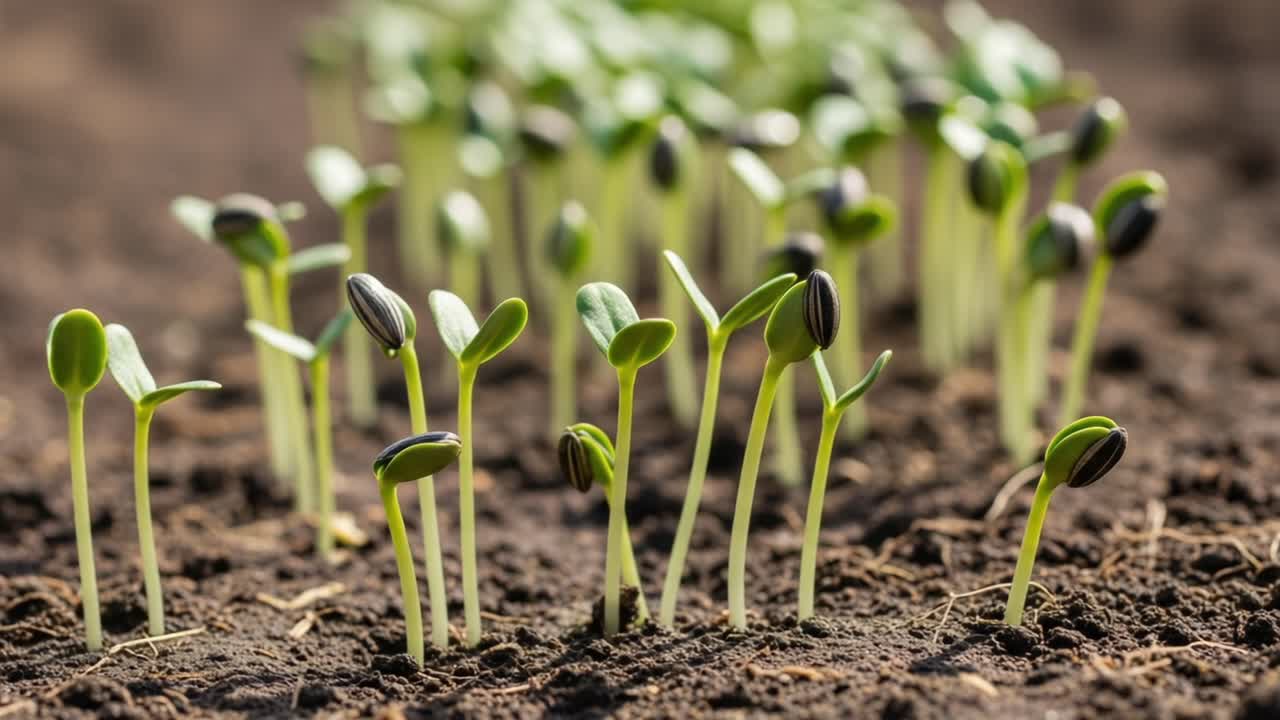 A Close-Up View of Young Sunflower Seedlings Emerging from Rich, Dark Soil Under Bright Natural Light, Showcasing Their Fresh Green Leaves and New Growth Stages