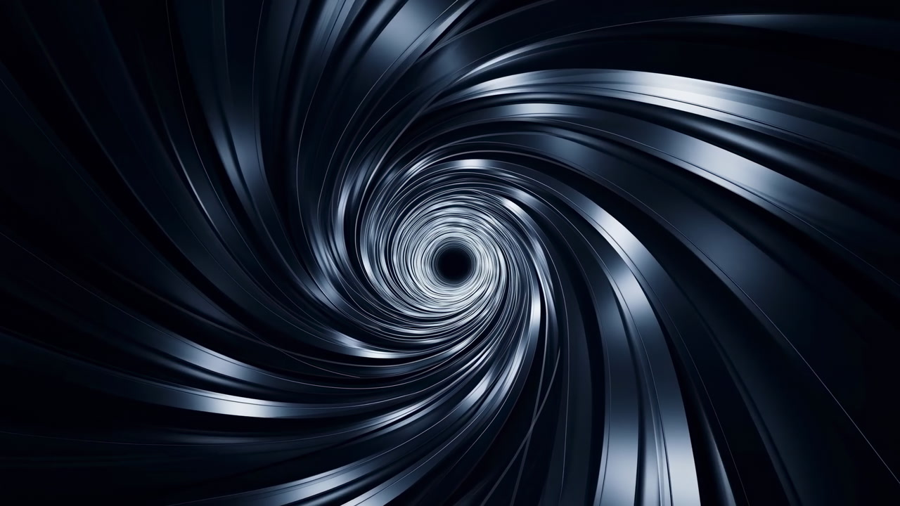 Dark Metallic Vortex Spiral Tunnel Rotating Through Glossy Chrome Bands, Hypnotic Depth And Cinematic Motion,
