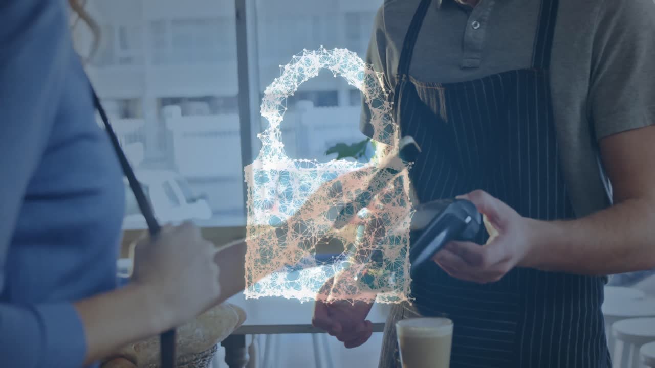 animación del candado de seguridad de la red sobre las personas que utilizan el terminal de pago