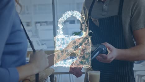 animación del candado de seguridad de la red sobre las personas que utilizan el terminal de pago