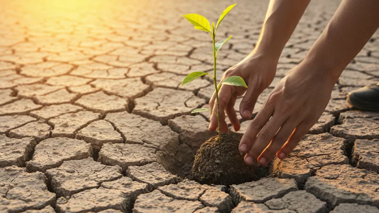 A person carefully plants a small green seedling into the dry, cracked earth during sunset. This act symbolizes hope and environmental restoration in challenging conditions.