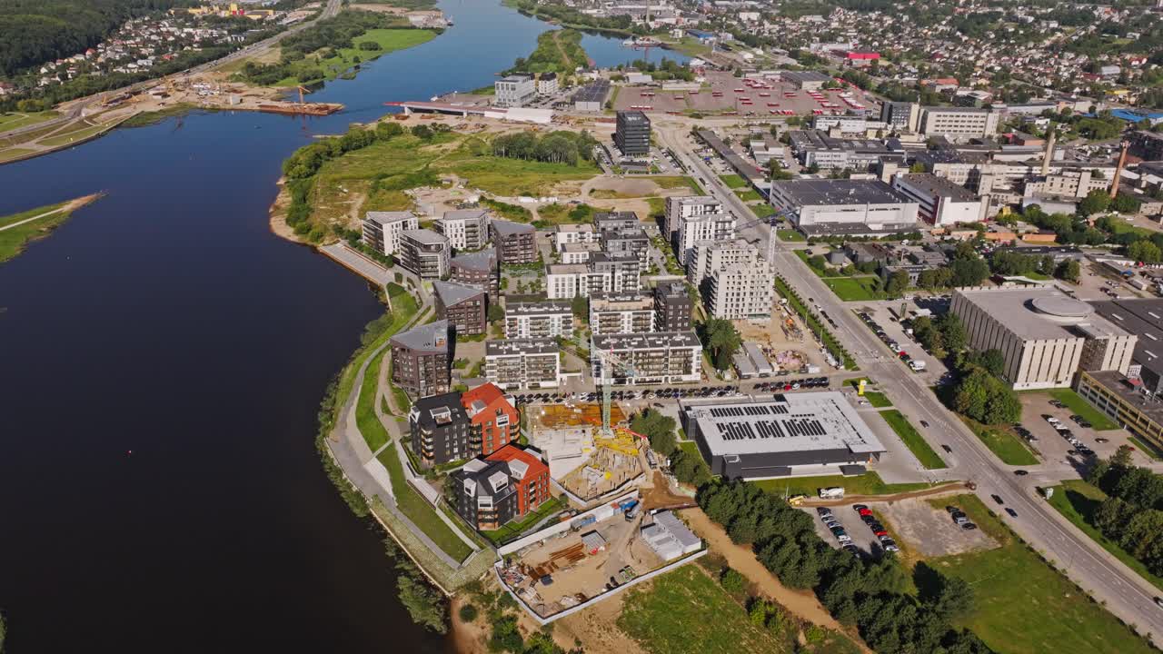 Aerial establishing shot of Kaunas new district showing growth and stability