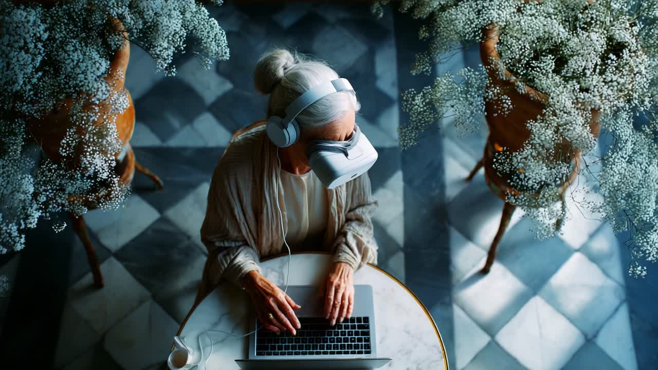 Embracing Technology: An Older Woman Engaged in Virtual Reality with a Headset While Seated at a Table Surrounded by Elegant Floral Arrangements and Natural Light