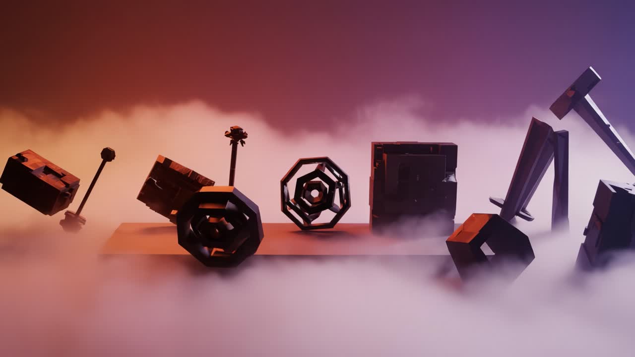 A Dynamic Display of Abstract Geometric Shapes Emerging from Mist in a Surreal Environment, Showcasing Shadows and Textures in Vivid Colors