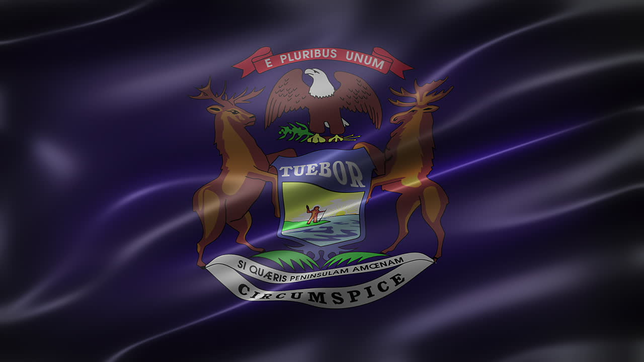 la bandera del estado de michigan, vista de fuente, cuadro completo, elegante, brillante, revoloteante, elegante textura sedosa, ondeando en el viento, animación realista de 4k cg, aspecto de película, con capacidad de bucle sin costuras