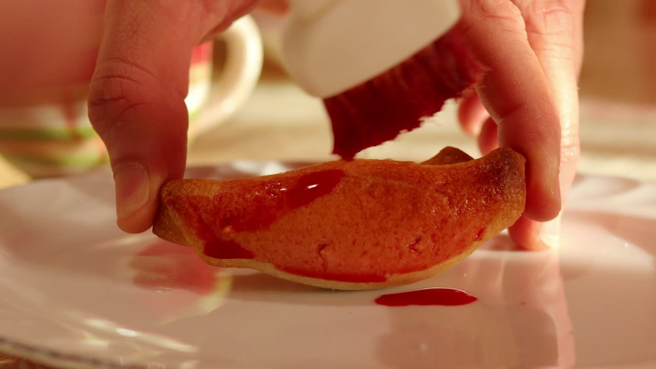 decorare i pasticcini ripieni italiani con liquore rosso usando un pennello da pasticceria, primo piano