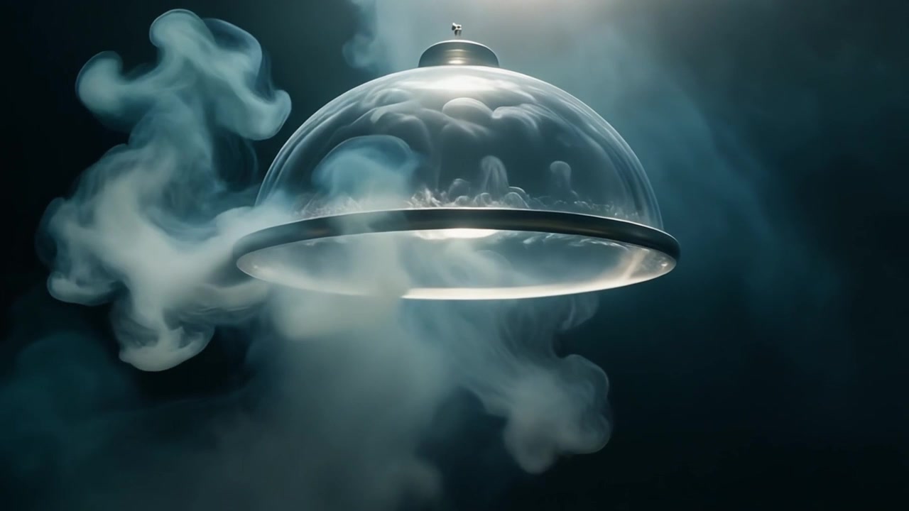 Glass Cloche Surrounded by Swirling Smoke on Dark Background