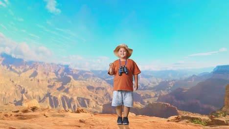 asian boy with a hat and binoculars looking through the magnifying glass examines something while traveling at the top of mountain. boy researcher, travel tourism adventure concept, full body