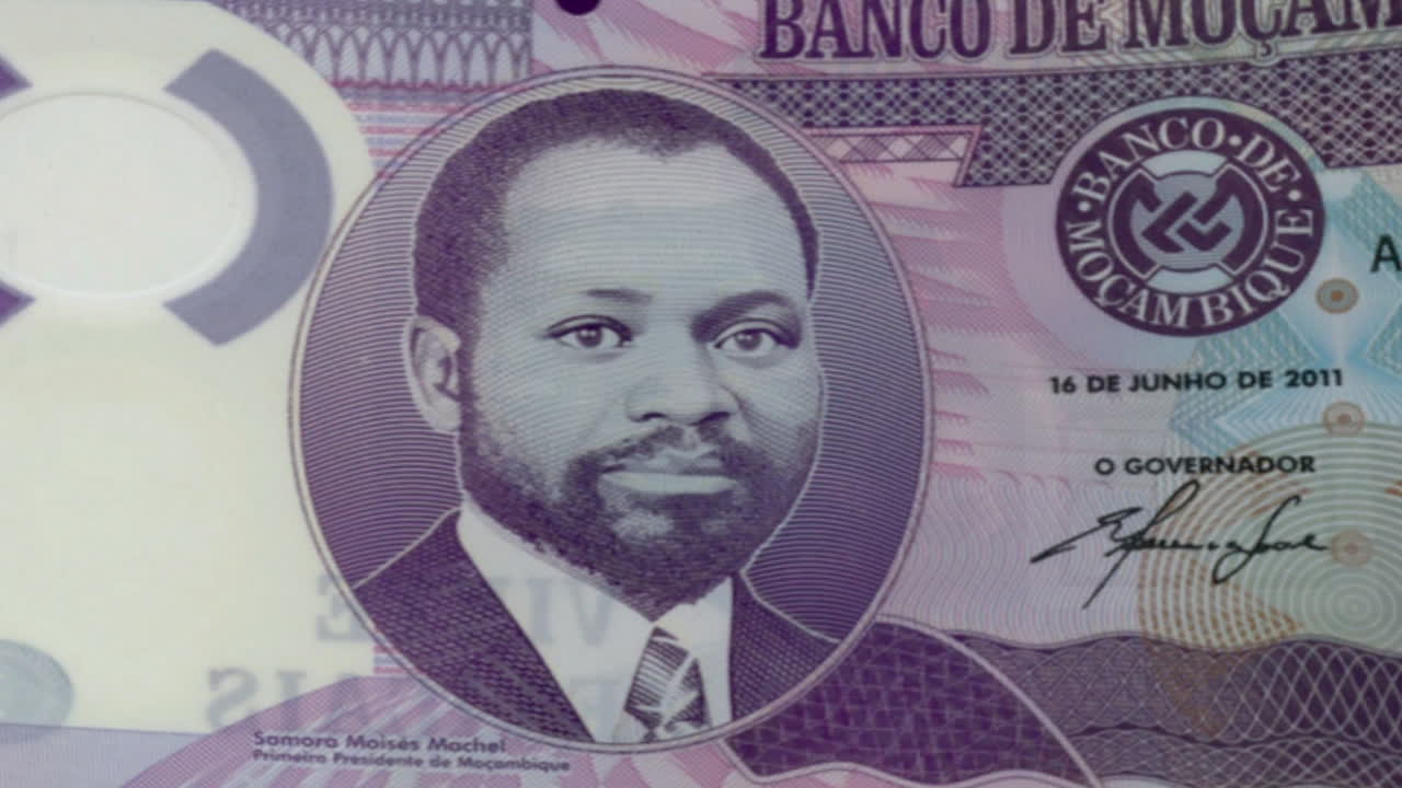Mozambican 20 Meticais Banknote with Samora Machel Portrait and Green Screen Background