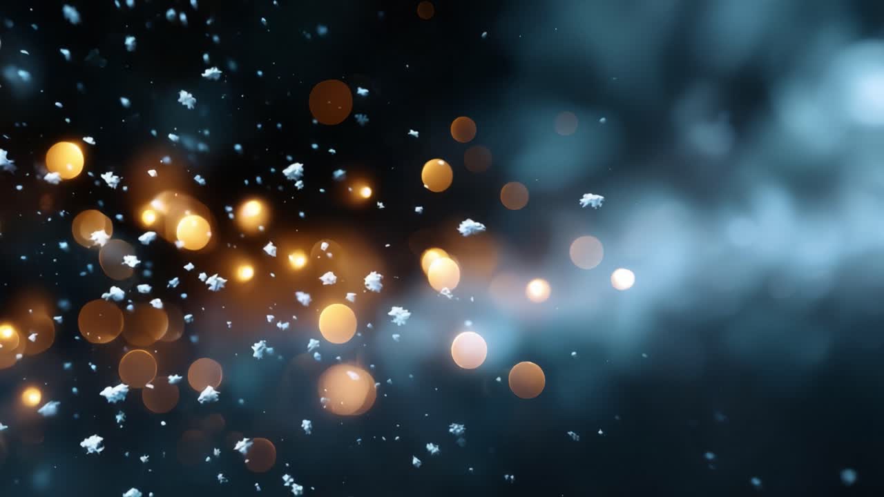 Eine faszinierende Szene von sanft fallenden Schneeflocken vor einer Kulisse aus verschwommenen warmen Lichtern und kühlen Schatten, die eine fesselnde Winterstimmung in Bewegung erzeugt
