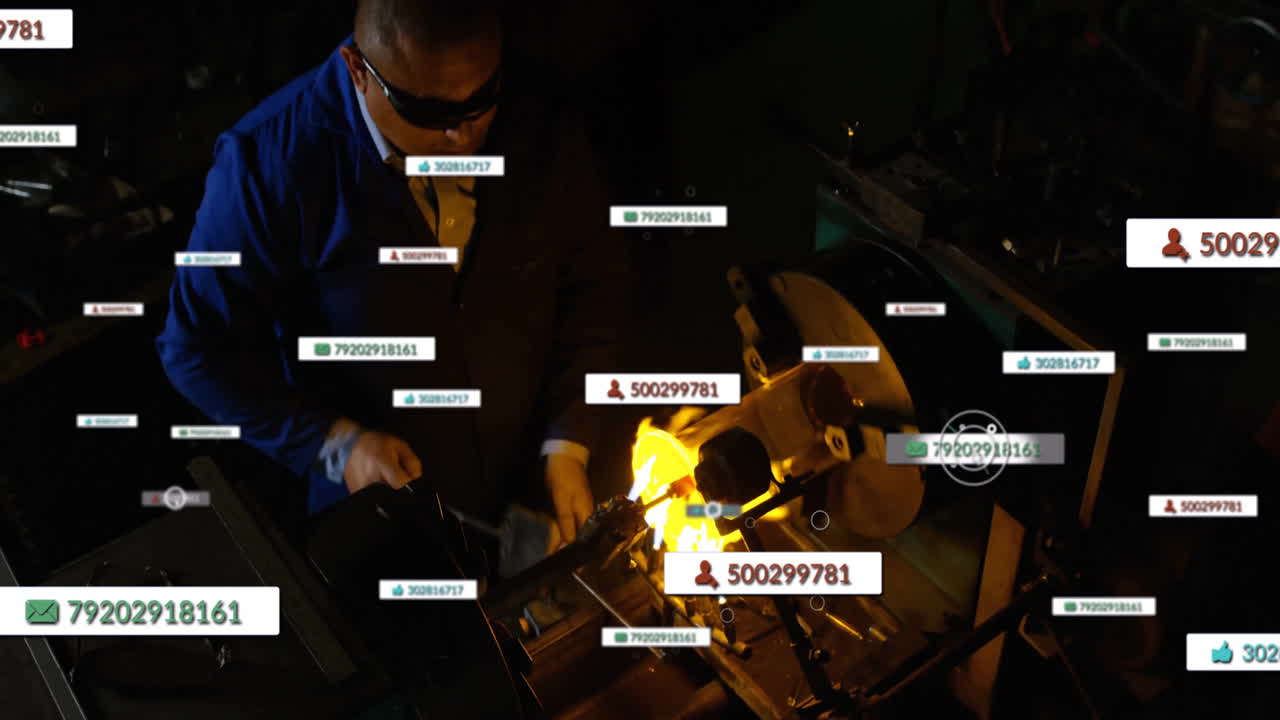 Welding metal in workshop, data and identification numbers animation over worker