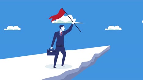 elegant businessman worker lifting success flag in mountain character