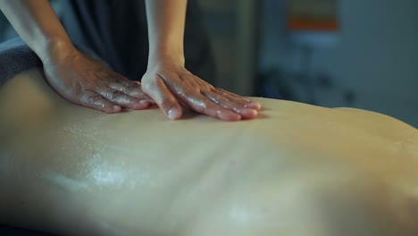 masseur massages the back of the girl with massage oil