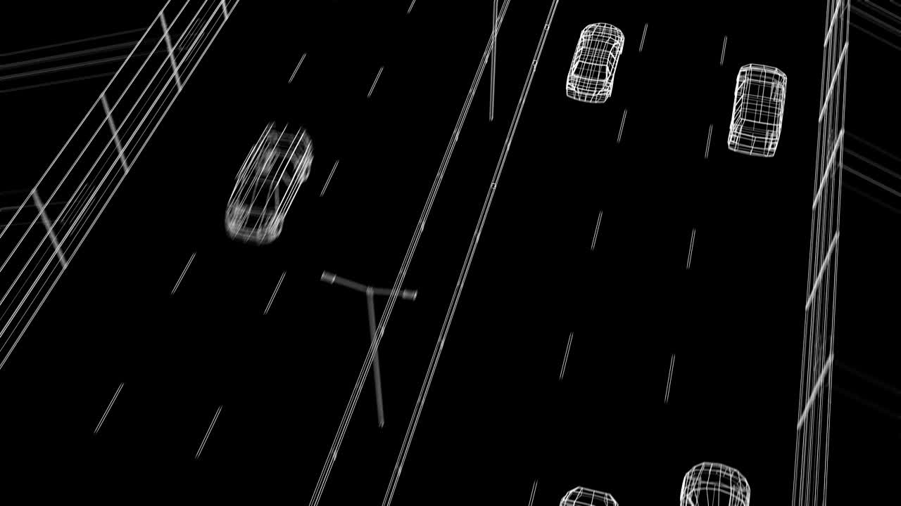 추상적인 고속도로에서 운전하는 디지털 자동차의 아름다운 루프 3d 애니메이션 검은 배경 디지털 애니메이션 블루프린트 원활한 교통 기술 개념