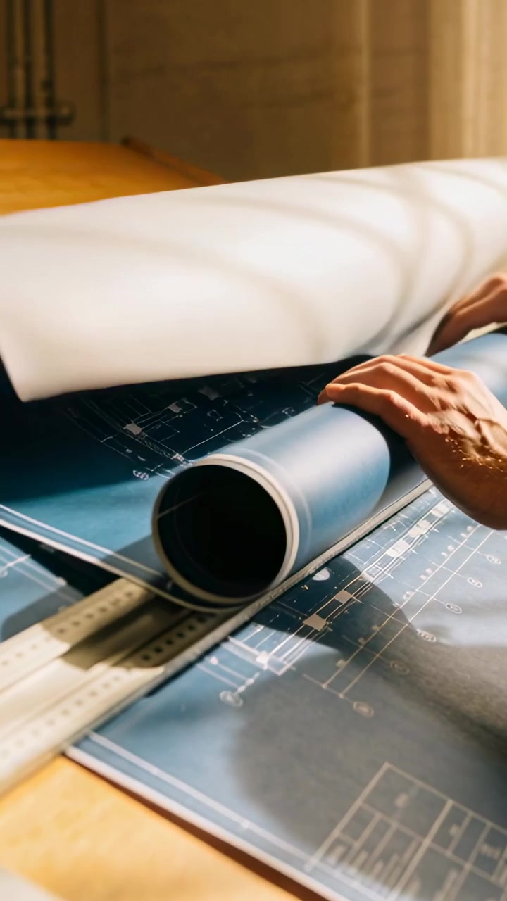 Vertical video: Lifting hands pulling blueprint roll across studio desk, revealing plans with ruler