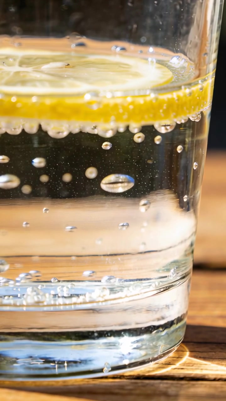 Video verticale: Effervescenza che crea bollicine sulla scorza di limone e che salgono in un bicchiere su un tavolo di legno
