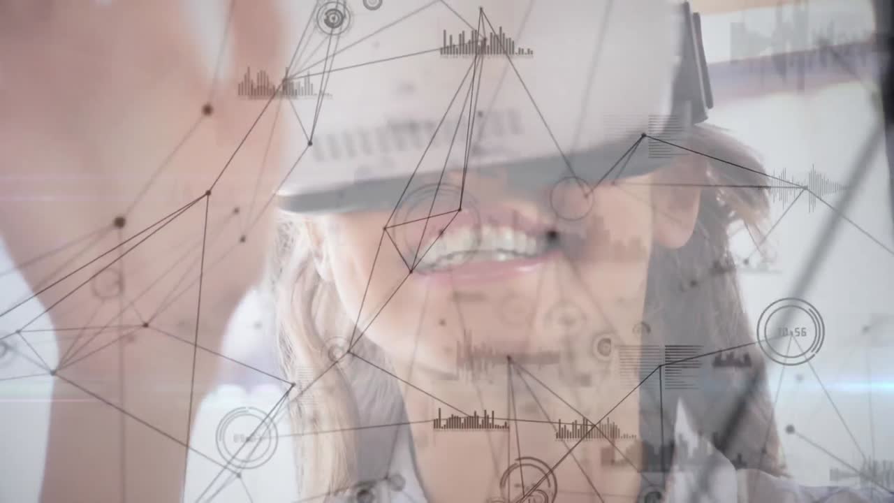 animación de la red de conexiones sobre mujer de negocios con auriculares vr