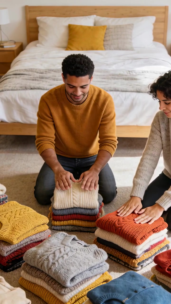Vertical video: Noticing piles, kneeling couple organizing sweaters at foot of bed, packing