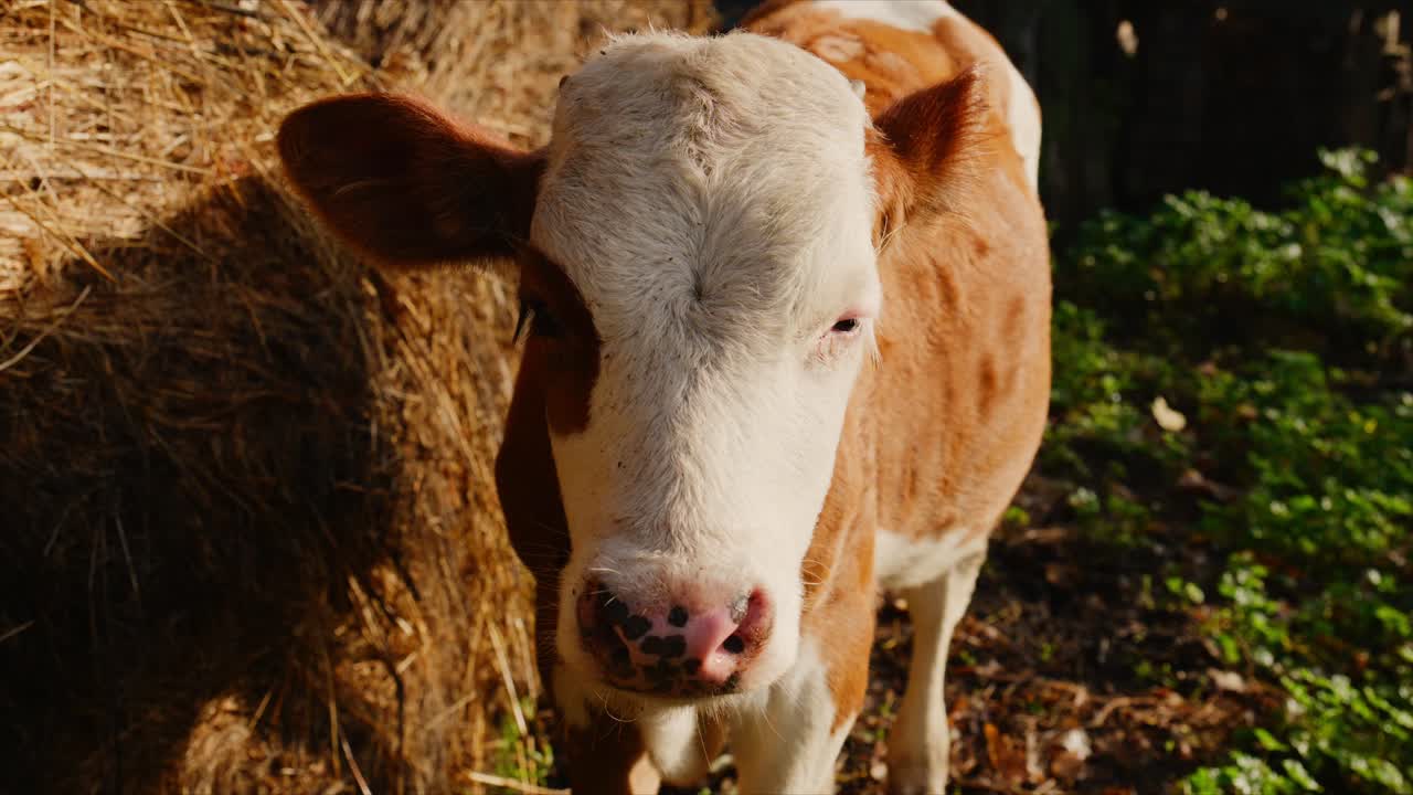 Primo piano di una giovane mucca marrone e bianca in piedi tra balle di fieno in un ambiente agricolo con illuminazione naturale soffusa e vegetazione lussureggiante sullo sfondo