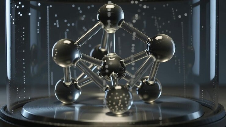 Starting rotation black-sphere sculpture turning clockwise in glass dome on base