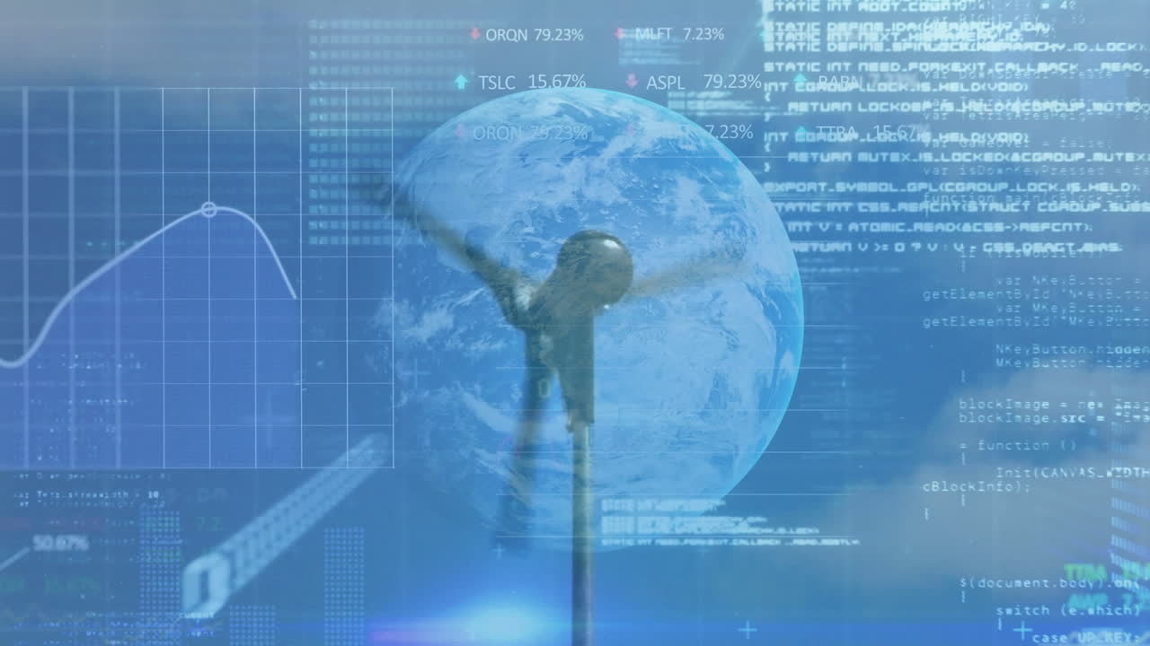 animación del procesamiento de datos financieros y el globo sobre la turbina eólica