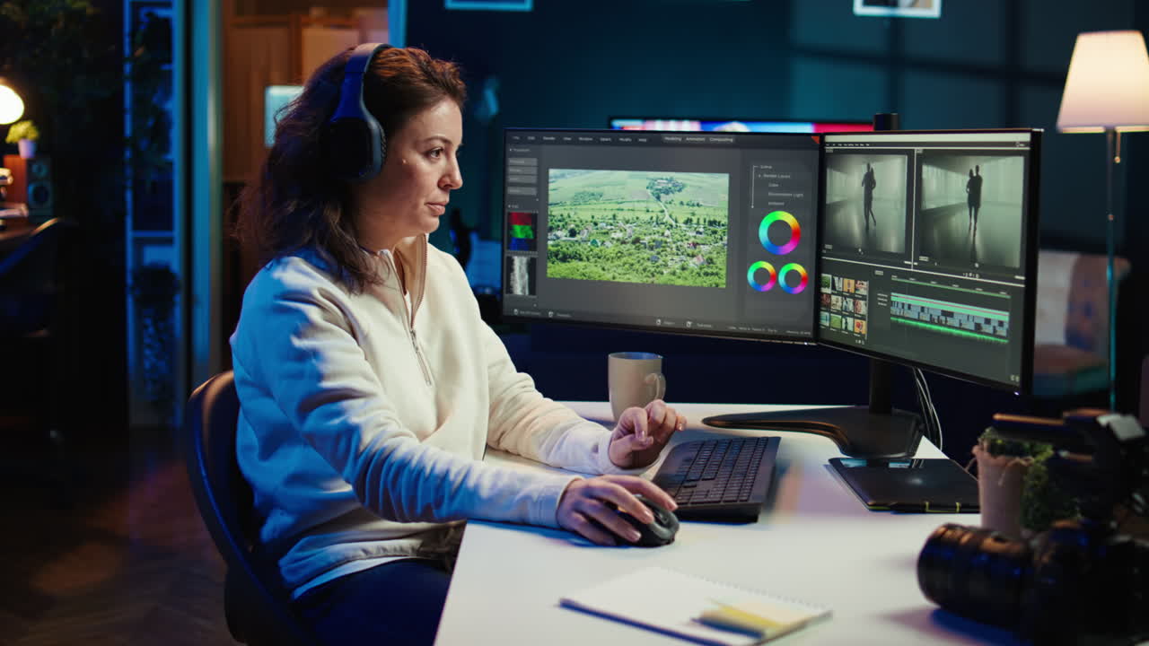 오디오 품질을 테스트하고 개선하기 위해 헤드폰을 사용하는 프로덕션 전문가