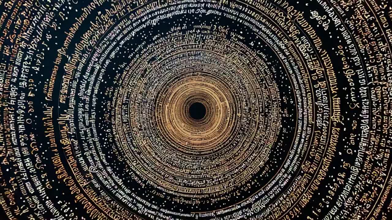 A Mesmerizing Journey Through Spiraling Text: An Abstract Exploration of Language and Design Captured in Contrasting Light and Darkness