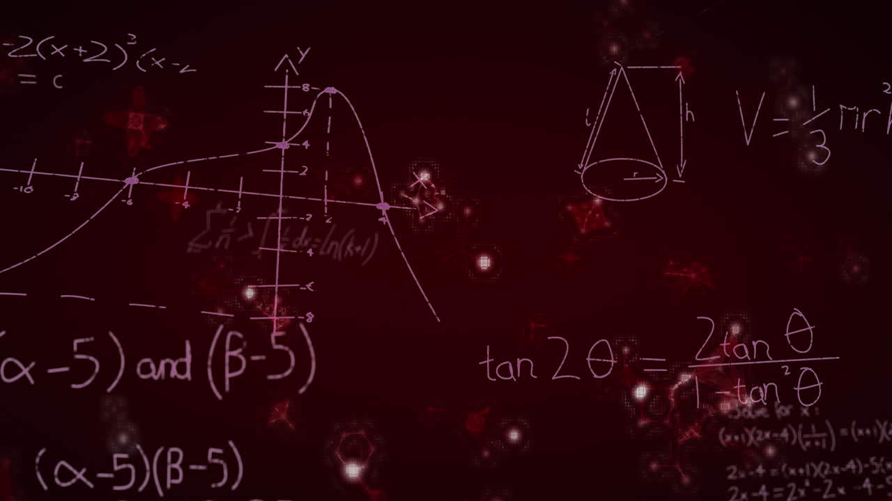 animación de gráficos y fórmulas matemáticas en pizarra roja