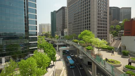 seoul city - seoullo 7017 skygarden park and cars traffic under the overpass - elevated view