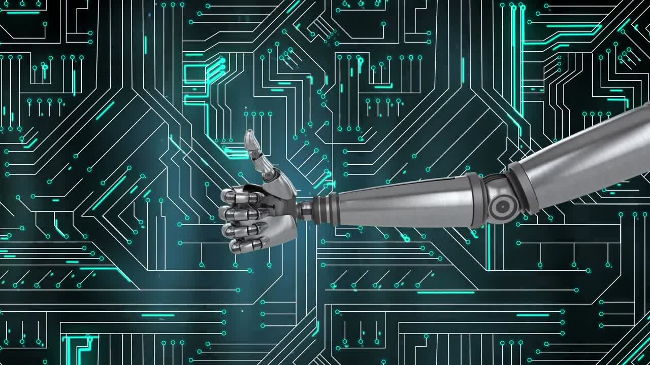 il pollice del robot in alto e la scheda del circuito blu incandescente