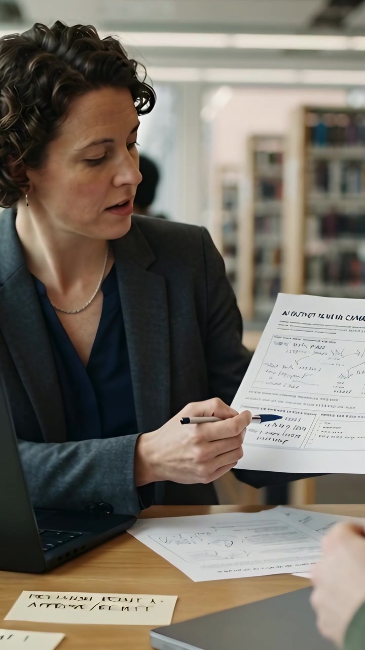 Video verticale: Cliente che guarda in alto, consulente in blazer che spiega un modulo in biblioteca con una penna blu.