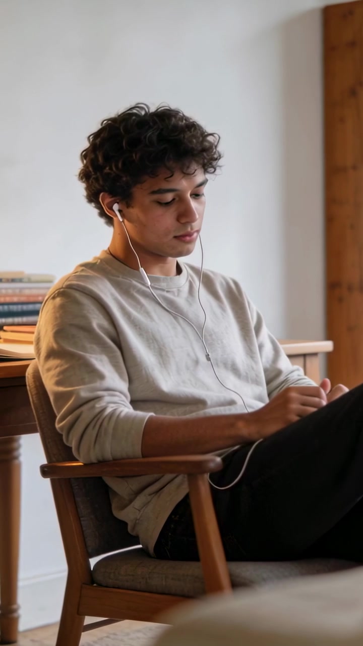 Vertical video: Scrolling teen tapping phone at home in armchair in crewneck with wired earphones