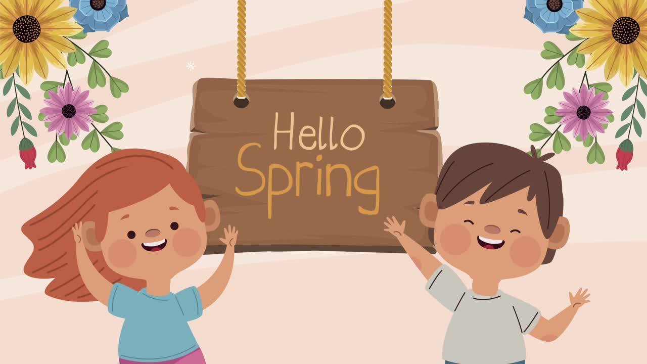hello spring lettering with little kids couple