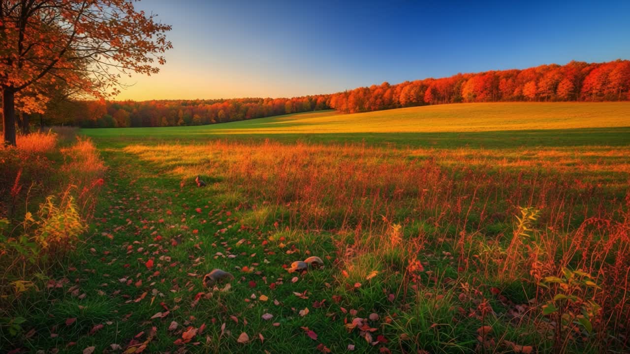 Autumn Sunset Landscape with Colorful Trees and Path