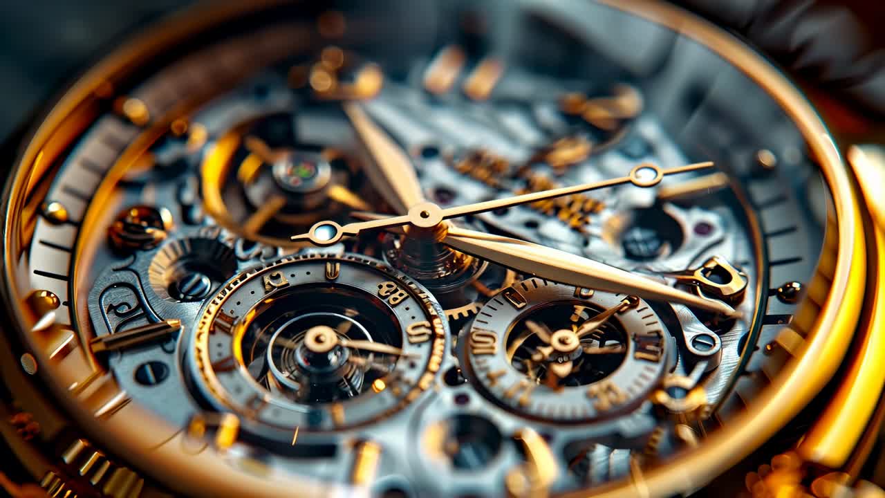 Detailed close-up of a watch. A close view shows the gears and hands of a watch moving