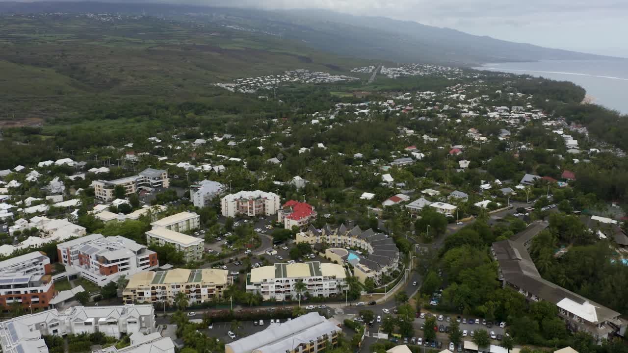 Aerial view of a tropical town, Ermitage-les-Bains, Reunion Island, France