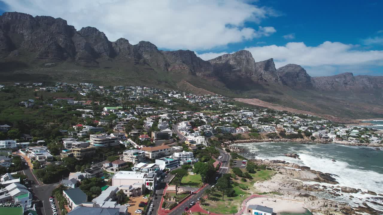 Drone shot of Cape Town South Africa from Camps Bay Beach