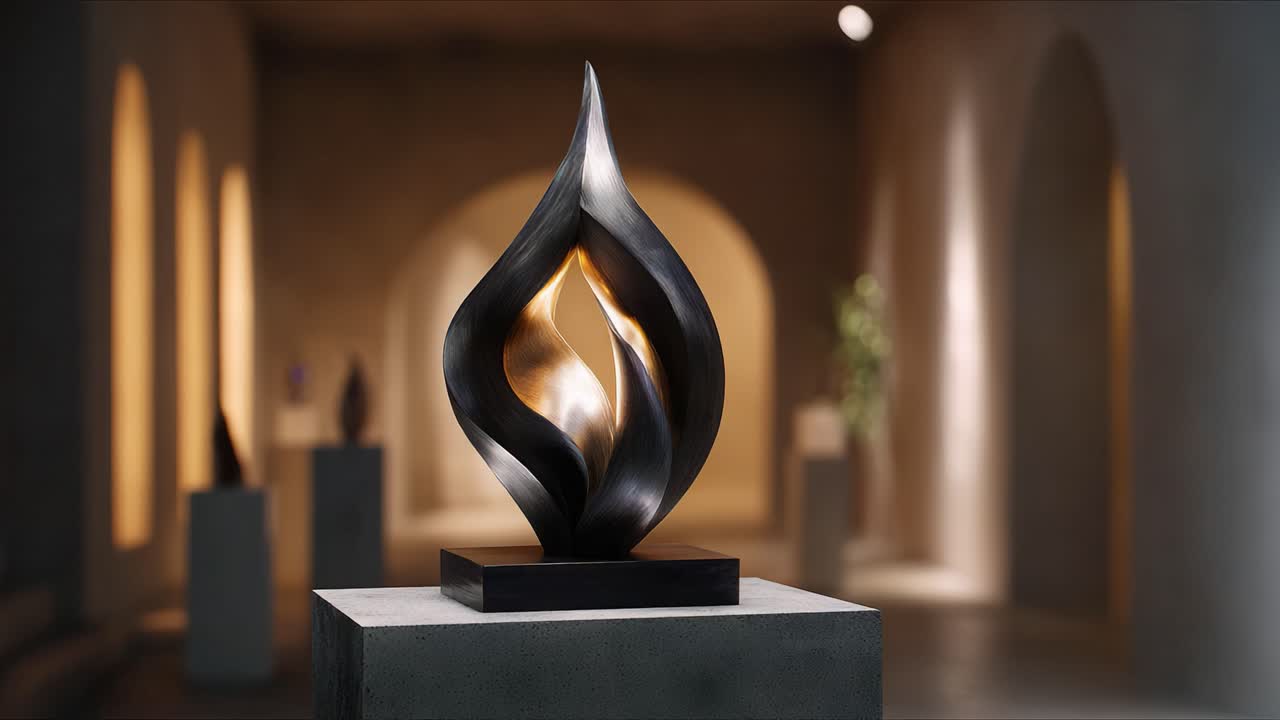 A Stunning Abstract Sculpture Illuminates the Ambiance of an Art Gallery with Creative Shapes, Warm Light, and Intriguing Textures, Captivating Viewers' Attention