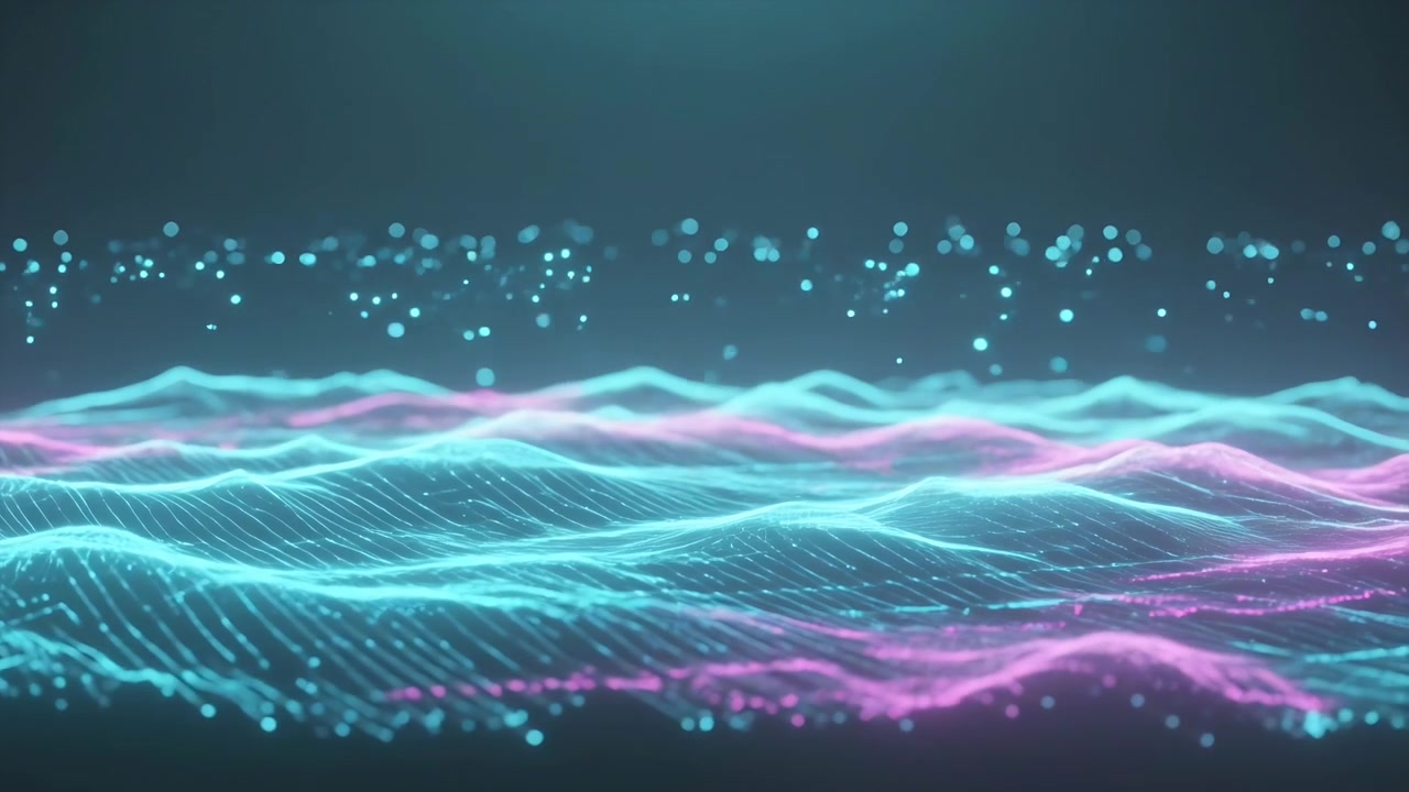 Starting loop glowing cyan magenta mesh undulating in dark void, with nodes, particles, vignette
