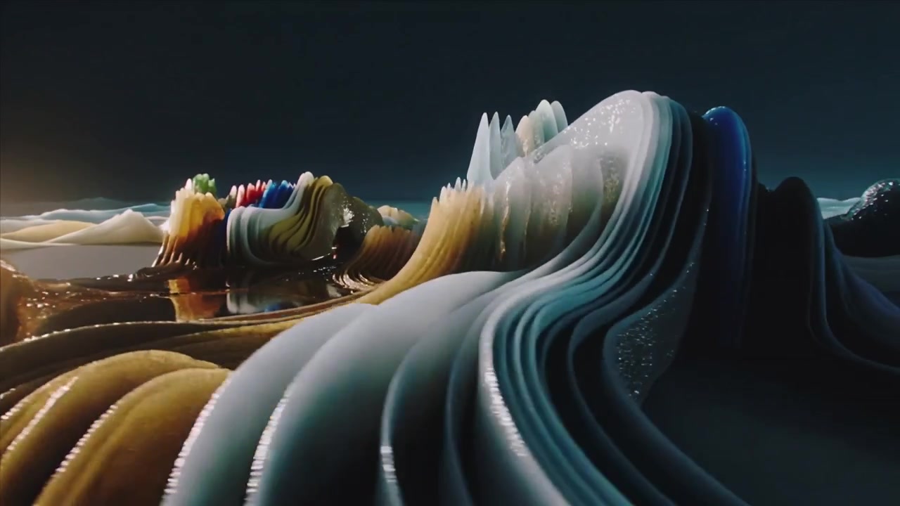 Pulling back, camera revealing glossy ribbon-like formations in studio set, showing texture shifts